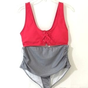 BIKINI SET RED BLACK WHITE STRIPES LACE UP TOP HIGH-WAIST RUCHED BOTTOM SIZE LRG